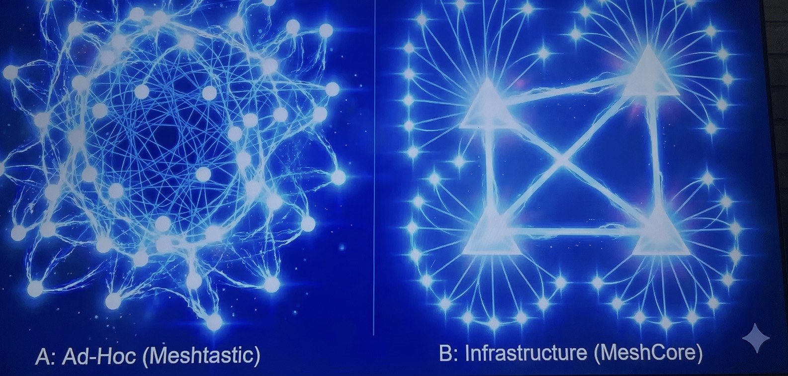 Two network diagrams. A, Ad-Hoc (Meshtastic): many radios all linked to one another. B, Infrastructure (MeshCore): four repeaters linked together, each serving the radios around it.